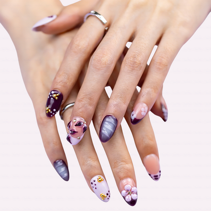 Lilac Wild – Lavender Purple Short Almond Press-Ons with Leopard Print & 3D Floral Accents