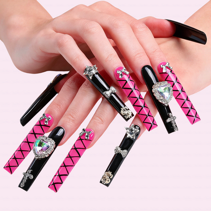 Baddie Glitz – Hot Pink & Black Long Square Press-Ons with Heart Gem & Cross Charms