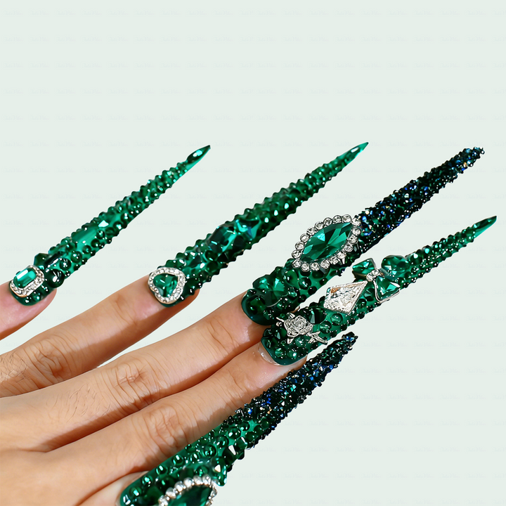 Emerald Bling-Deep Green Extra Long Stiletto Press-Ons with Full Rhinestone Encrusted Design