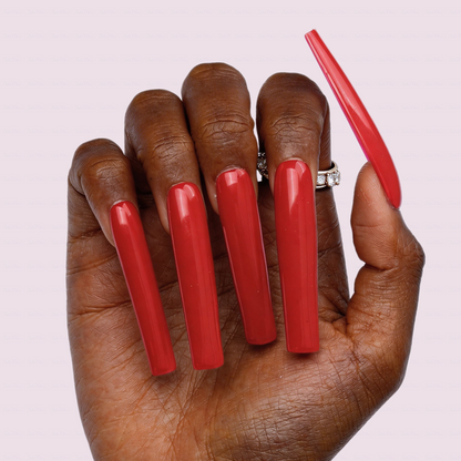 Ruby Red-Bright Red Long Square Press-Ons with High Gloss Solid Finish