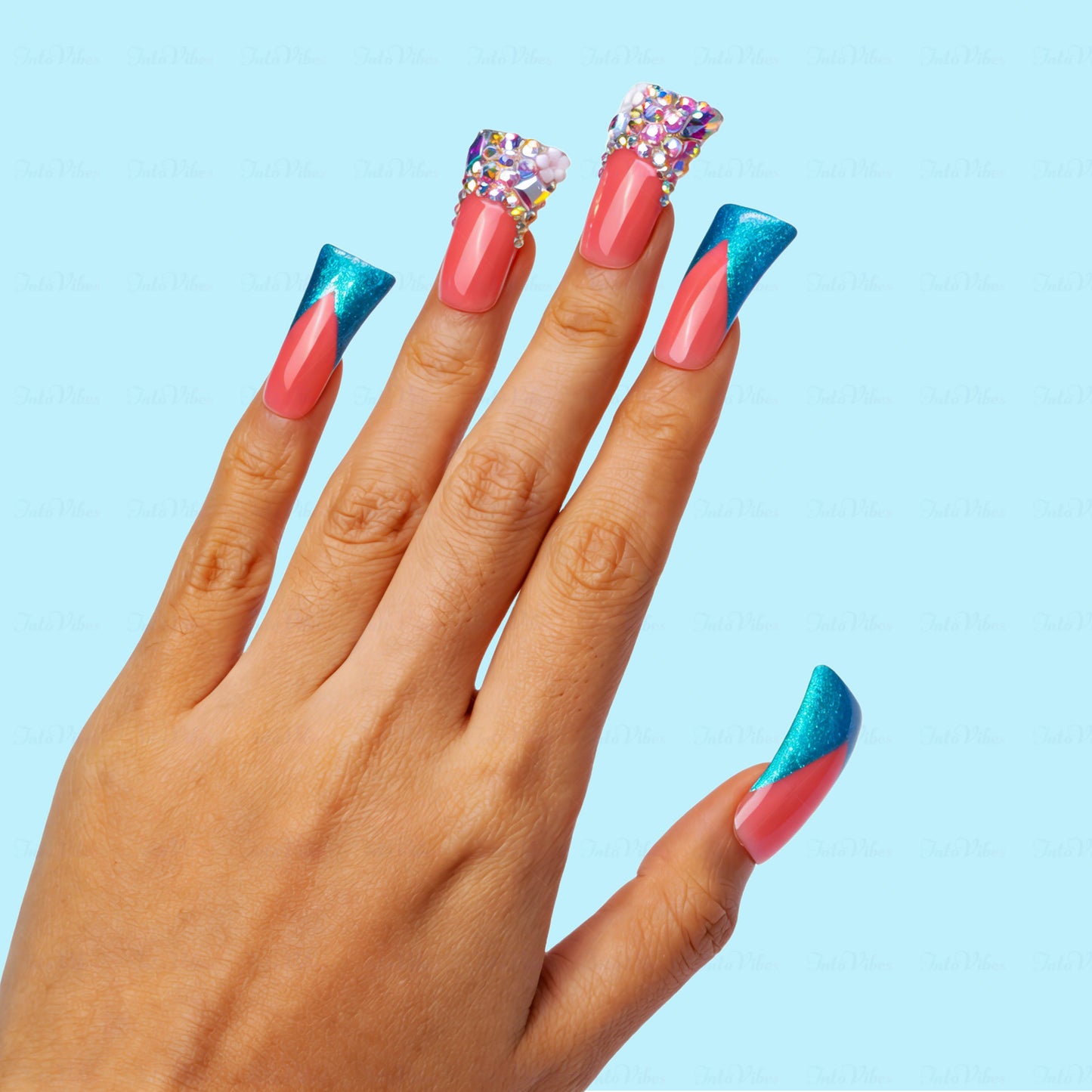 Mermaid V French-Nude & Turquoise Short Duck Press-Ons with V-Tip & Iridescent Rhinestone Accents