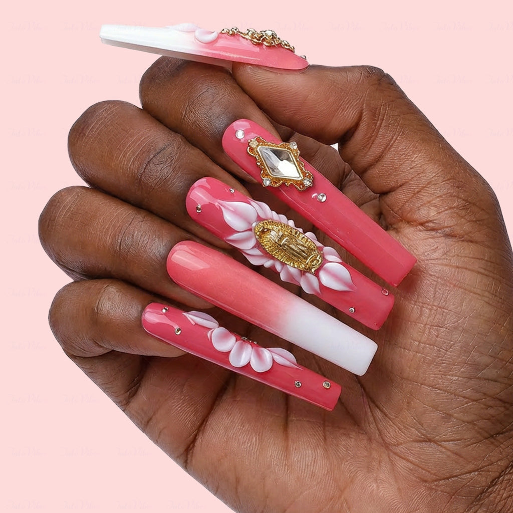 Sacred Floral  Red & White Long Square Press-Ons with Gold Virgin Mary & Flower Charms