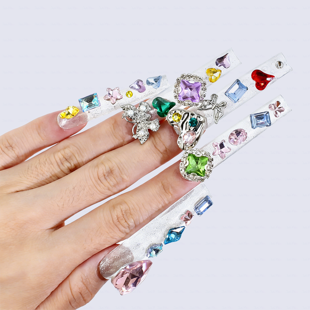 Rainbow Gem-Silver Long Square Press-Ons with Multi-Color Heart & Butterfly Rhinestone Accents
