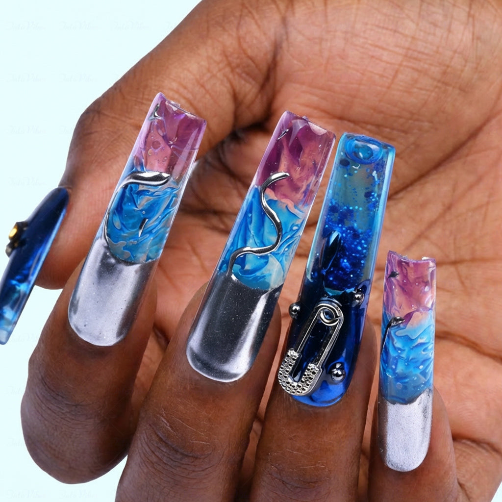 Cyber Blue Blue & Purple Long Square Water Press-Ons with Pin & Cross Charms