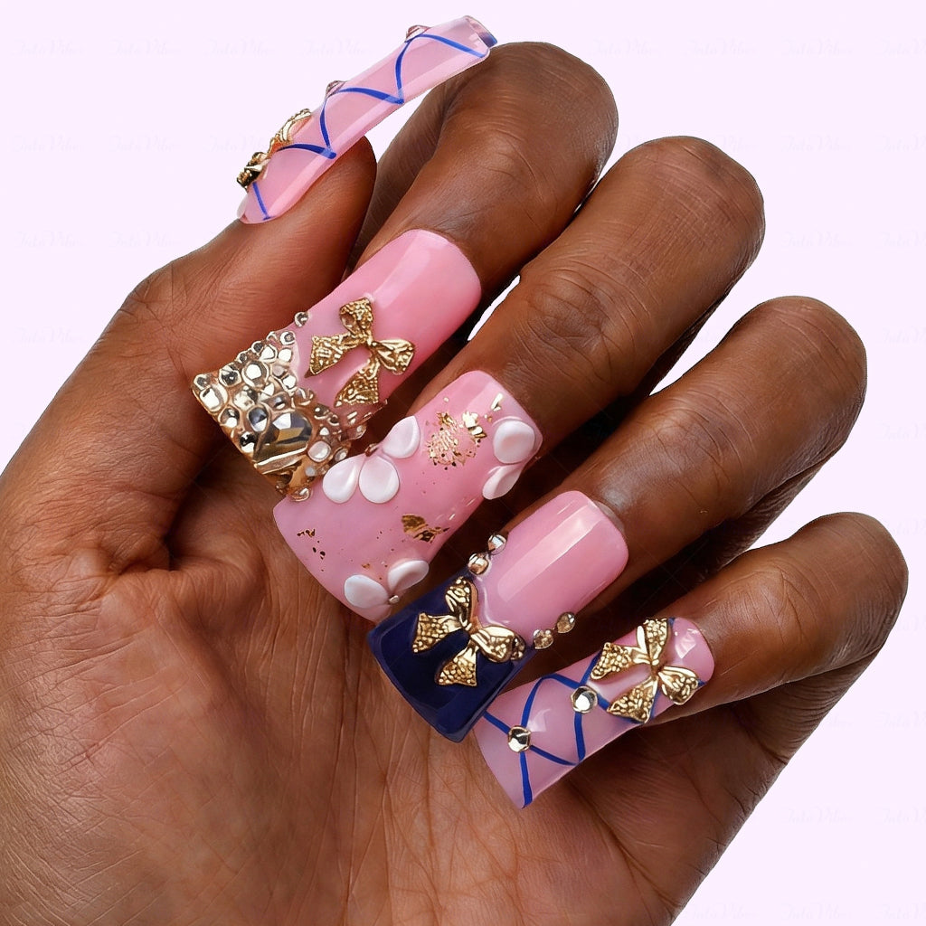 Gold Bow Lolita – Pink & Navy Blue Long Duck Press-Ons with Gold Bow & Rhinestone Accents