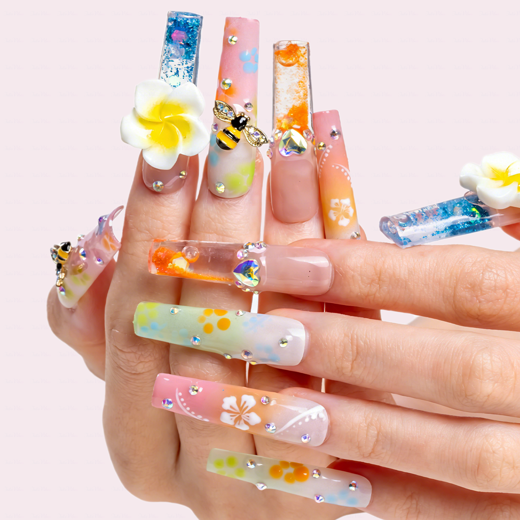 Plumeria Honey Bee  Pastel Rainbow Long Square Water Press-Ons with 3D Flower & Bee Charms