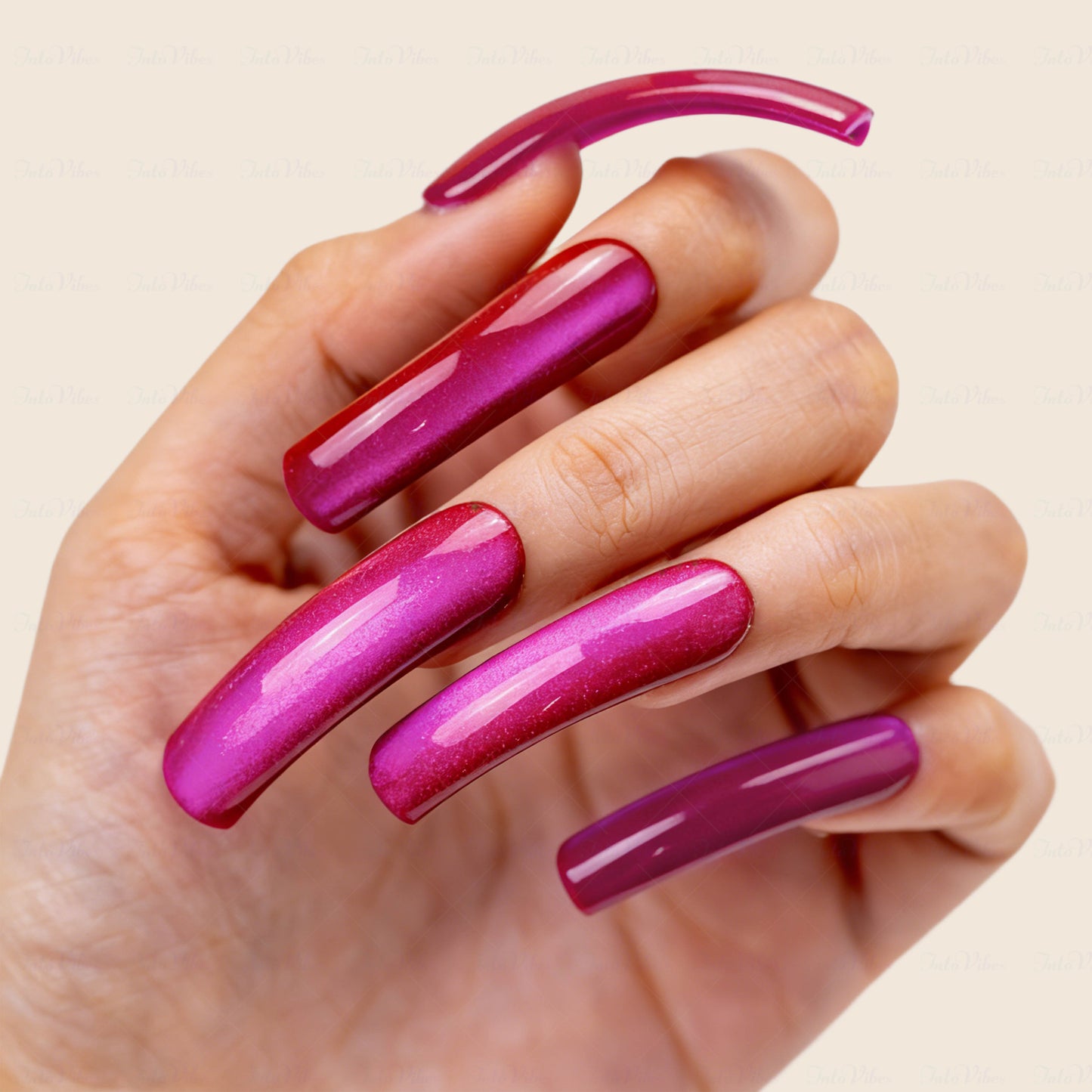Magenta Glow-Fuchsia Pink Long Downward Curved Press-Ons with Magnetic Cat Eye Gloss Finish