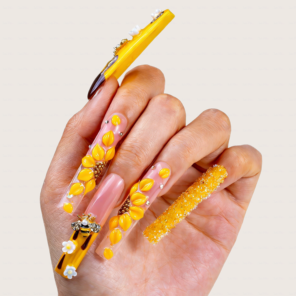 Honey Bee-Bright Yellow Long Square Press-Ons with 3D Bee & Chocolate Drip Accents