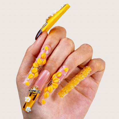 Honey Bee-Bright Yellow Long Square Press-Ons with 3D Bee & Chocolate Drip Accents