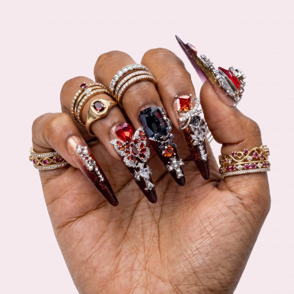 Made-to-Order | Dark Butterfly Gothic – Black & Red Ombre Long Stiletto Press-Ons with 3D Butterfly and Chain Charms