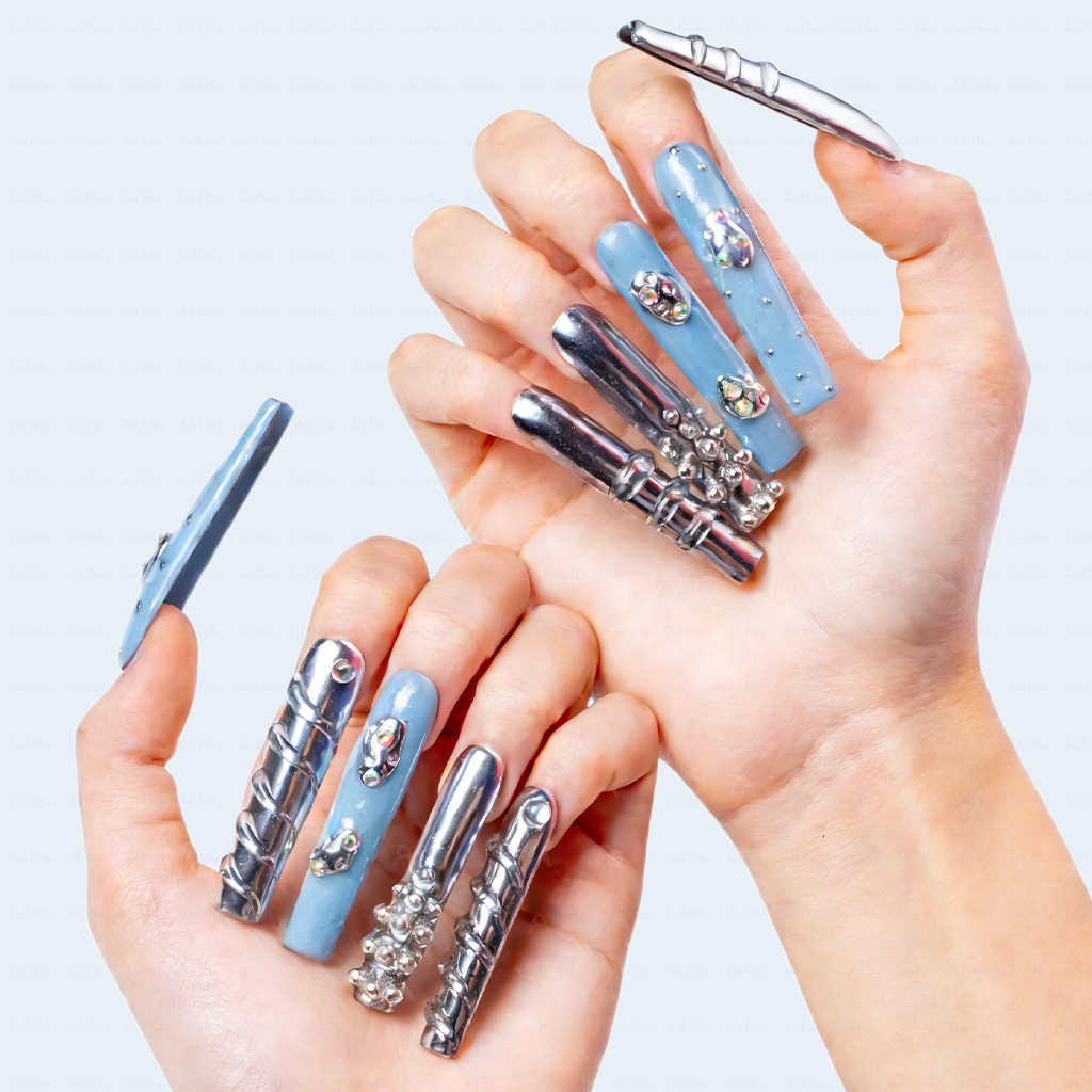 Chrome Frost – Slate Blue & Silver Long Square Press-Ons with Crystal Accents