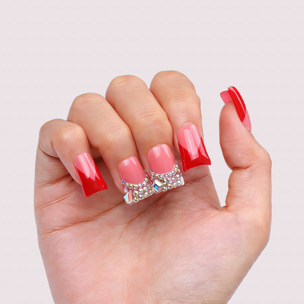 Ruby V French-Nude & Red Short Duck Press-Ons with V-Tip & Iridescent Rhinestone Accents