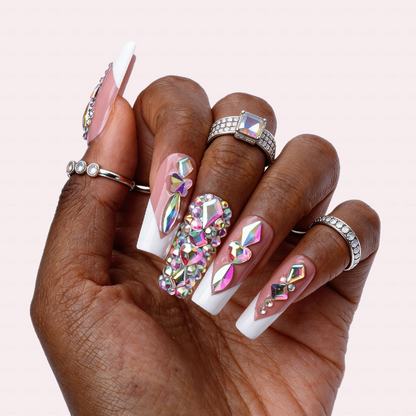 Rainbow V French-Nude & White Medium Square Press-Ons with V-Tip & Iridescent Rhinestone Accents