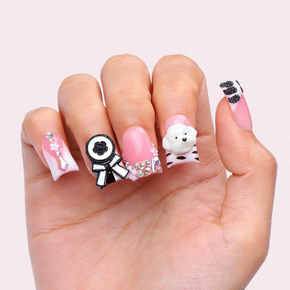 Puppy Princess-Soft Pink Short Duck Press-Ons with 3D Poodle & Camellia Bow Charms