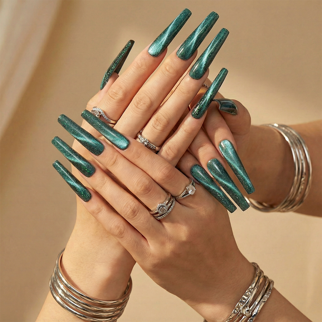 Cat Eye Chrome – Multi-Color Long Square Press-Ons with Magnetic Cat Eye Finish
