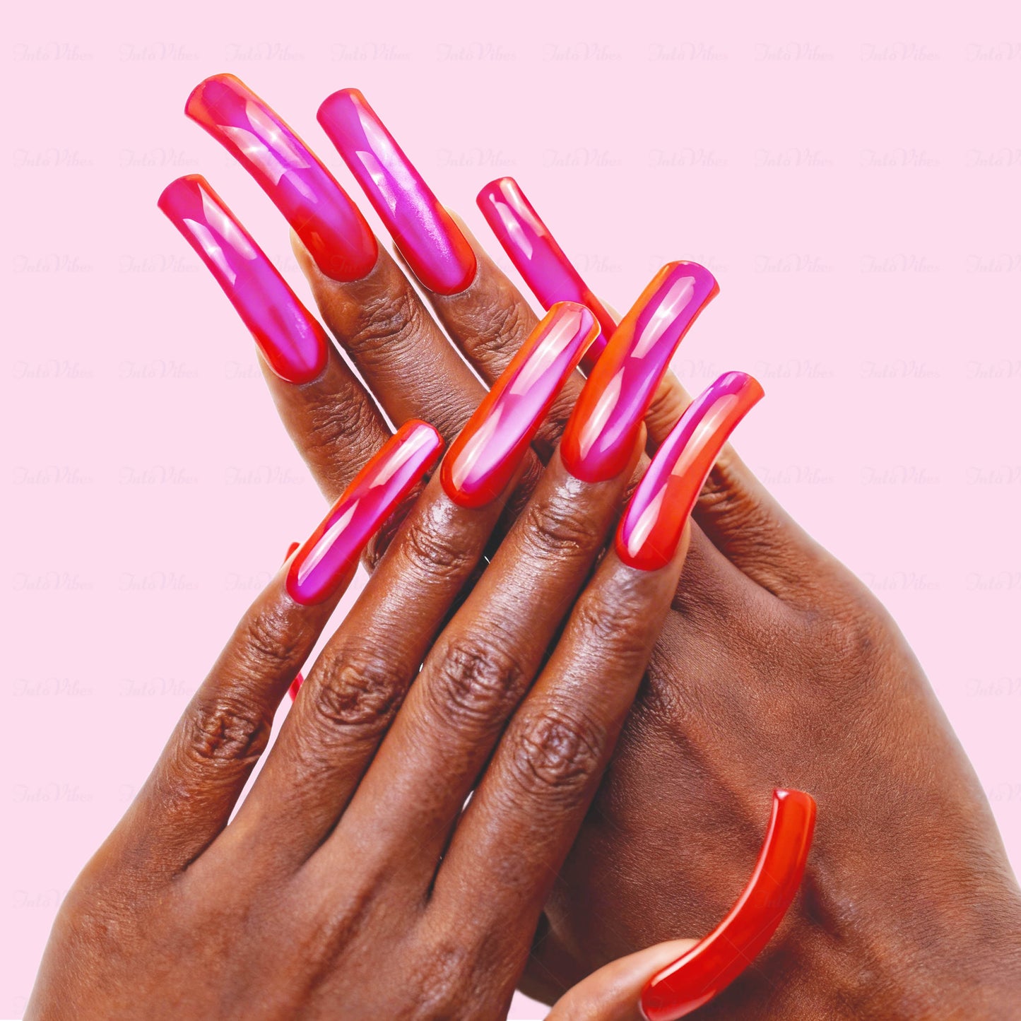 Neon Magenta Glow-Red & Pink Long Downward Curved Press-Ons with Mirror Gloss Finish