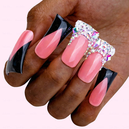 Black V French – Nude & Black Long Duck Press-Ons with Iridescent Rhinestone Accents