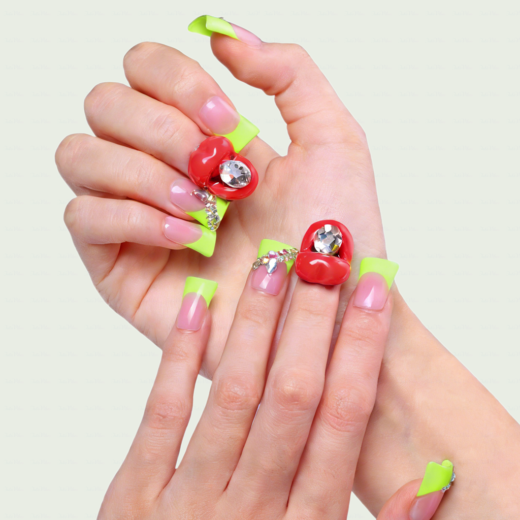 Neon Kiss – Blush Pink & Neon Green Short Duck Press-Ons with 3D Lip & Rhinestone Charms