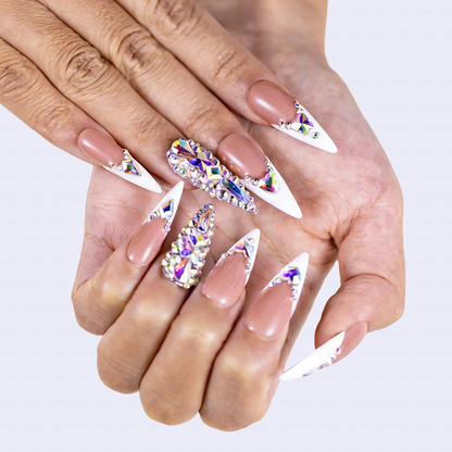 French Glitz – Nude & White Long Almond Press-Ons with French Tips & Iridescent Rhinestone Accents