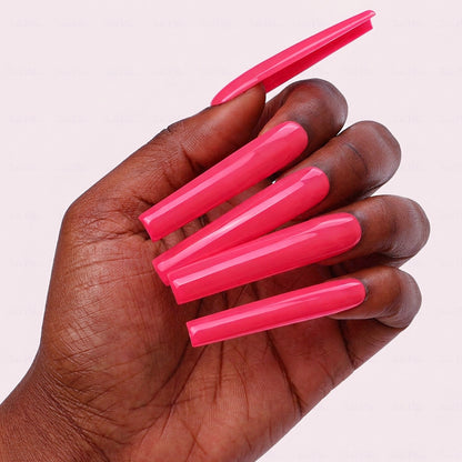 Neon Hot Pink  Bright Pink Long Square Press-Ons with High Gloss Solid Finish