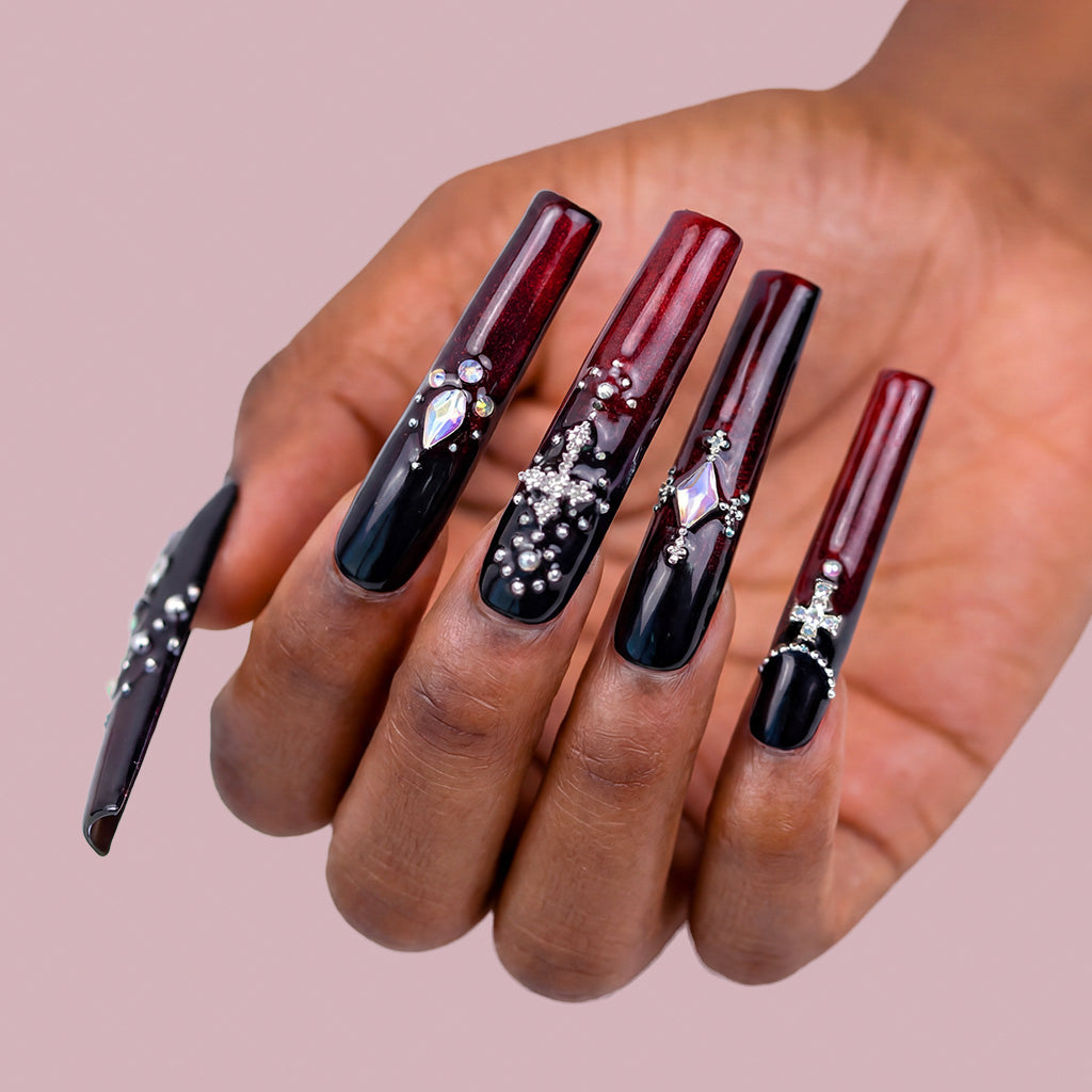 Goth Royal Black & Red Long Square Press-Ons with Crown & Cross Charms