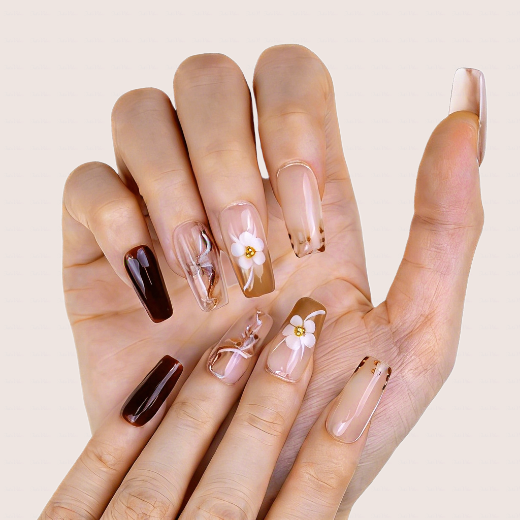 Latte Swirl – Nude Brown Medium Square Press-Ons with Marble Swirl & 3D Floral Accents