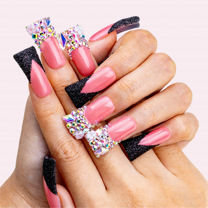 Crimson Noir – Pink & Black Glitter Long Duck Press-Ons with Crystal Accents