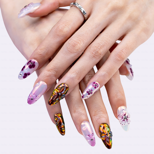 Aurora Flora – Iridescent Purple Medium Almond Press-Ons with 3D Floral & Chameleon Metallic Accents