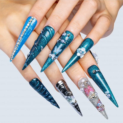 Ocean Chrome – Teal & Silver Stiletto Press-Ons with Crystal Accents