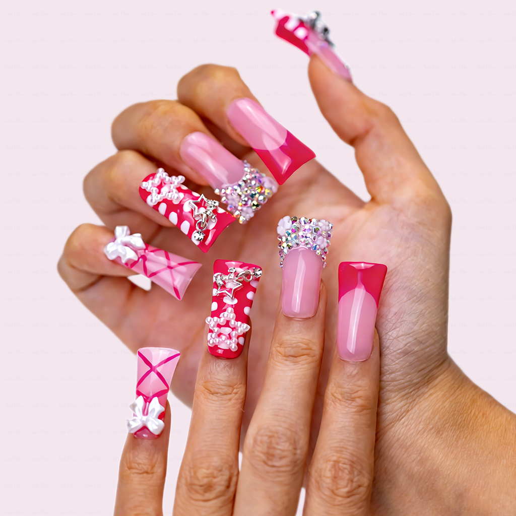 Bubblegum Glam – Pink Ombré Long Duck Press-Ons with Star & Bow Accents