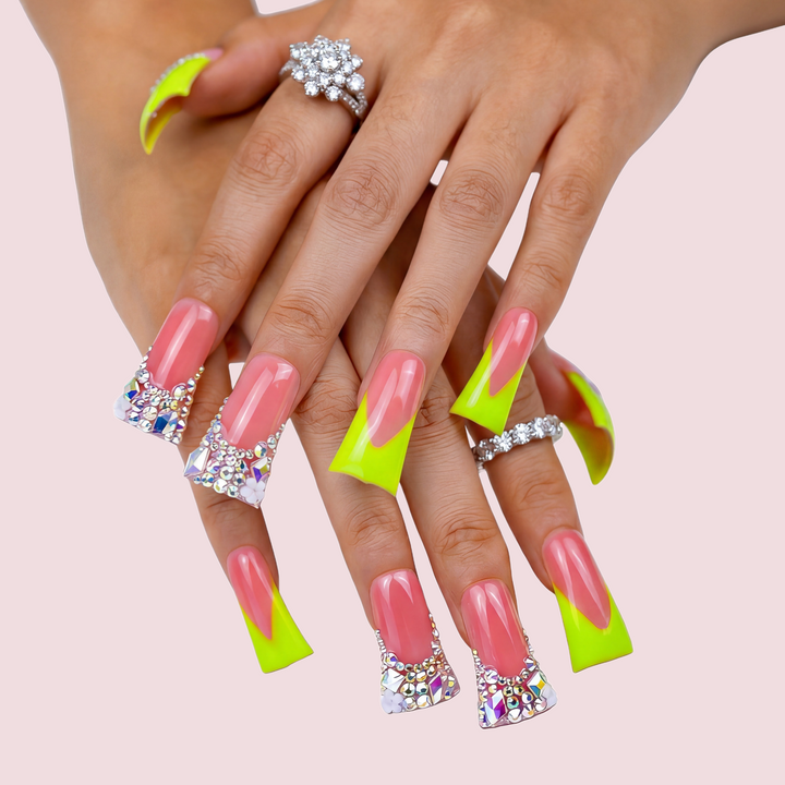 Neon Green V French – Nude & Neon Green Long Duck Press-Ons with Iridescent Rhinestone Accents