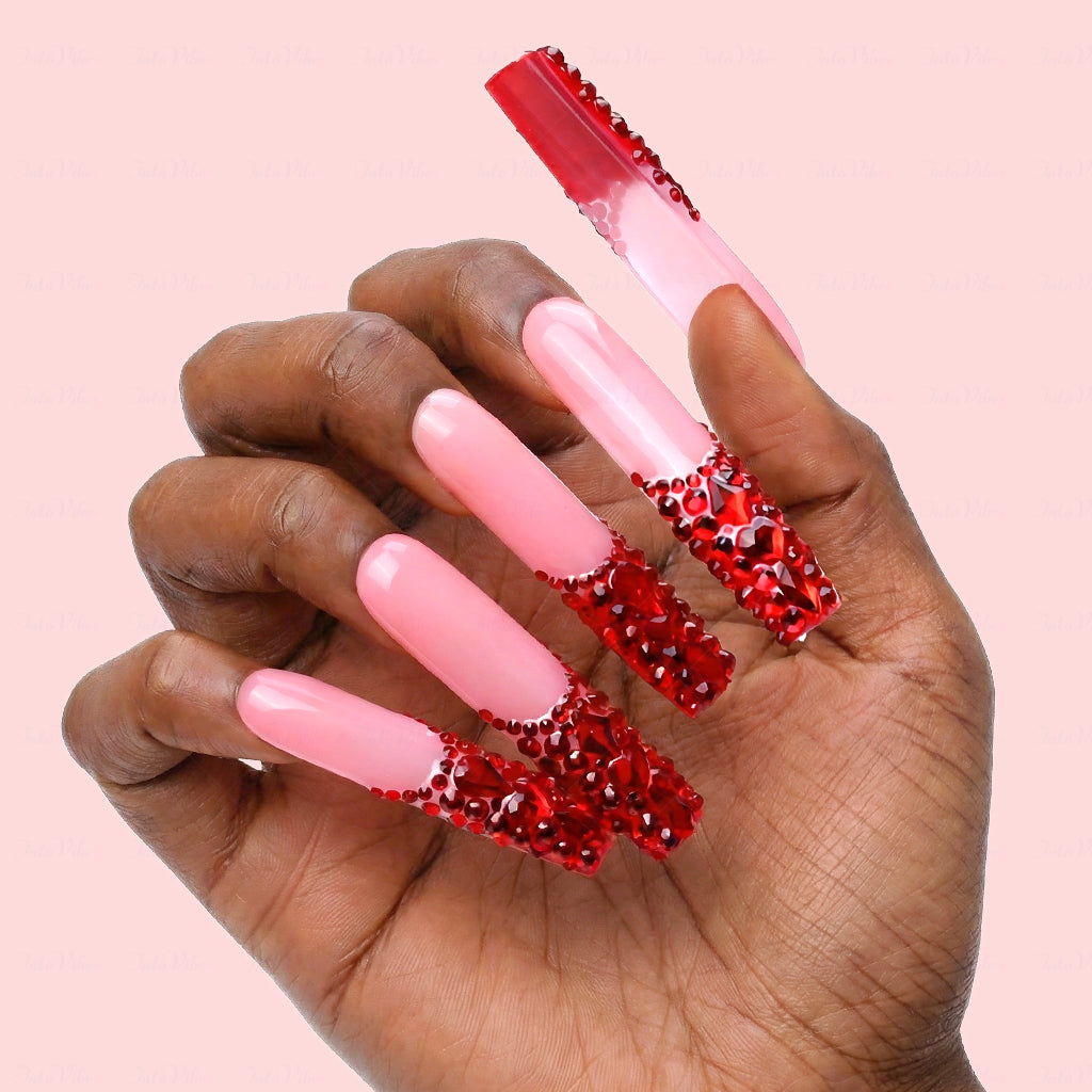 Ruby Red Bling – Nude & Red Long Square Press-Ons with Full Red Rhinestone Accents