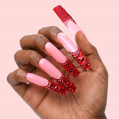 Ruby Red Bling – Nude & Red Long Square Press-Ons with Full Red Rhinestone Accents