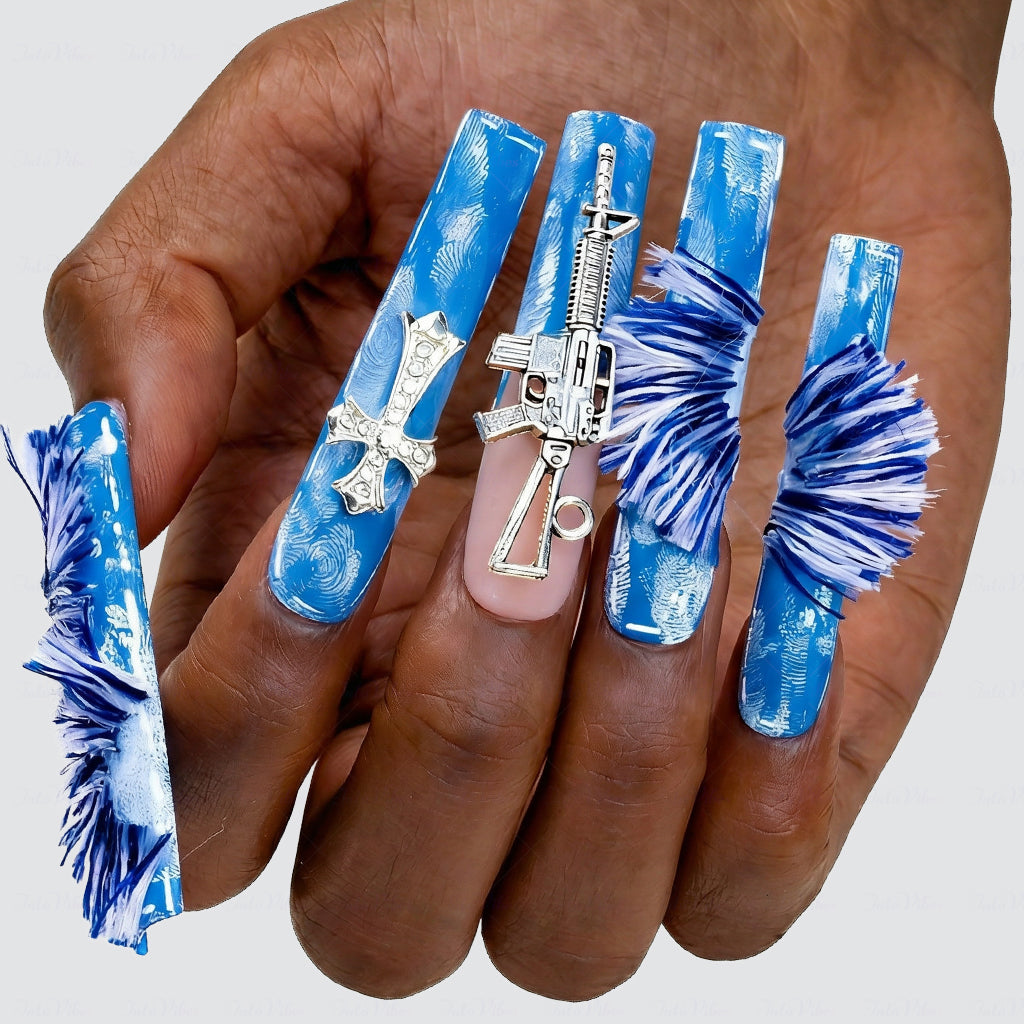 Cyber Denim – Blue Long Square Press-Ons with Cross & Gun Charms