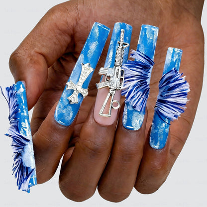 Cyber Denim – Blue Long Square Press-Ons with Cross & Gun Charms
