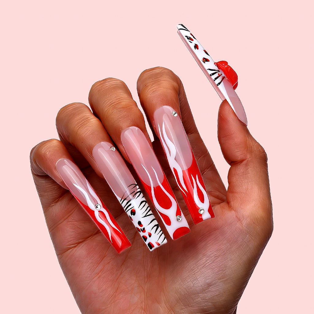 Flame Lip  Red & Nude Long Square Press-Ons with 3D Lip & Flame Accents
