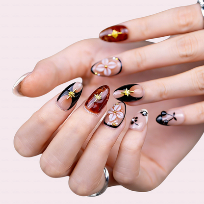 Tortoiseshell Cherry – Nude Brown Short Almond Press-Ons with Tortoiseshell & 3D Floral Accents