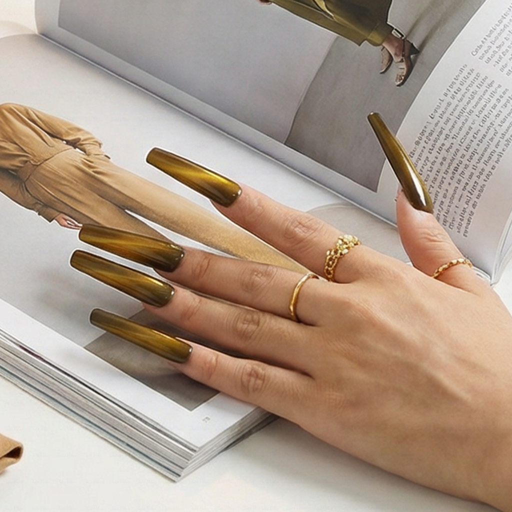 Cat Eye Chrome – Multi-Color Long Square Press-Ons with Magnetic Cat Eye Finish