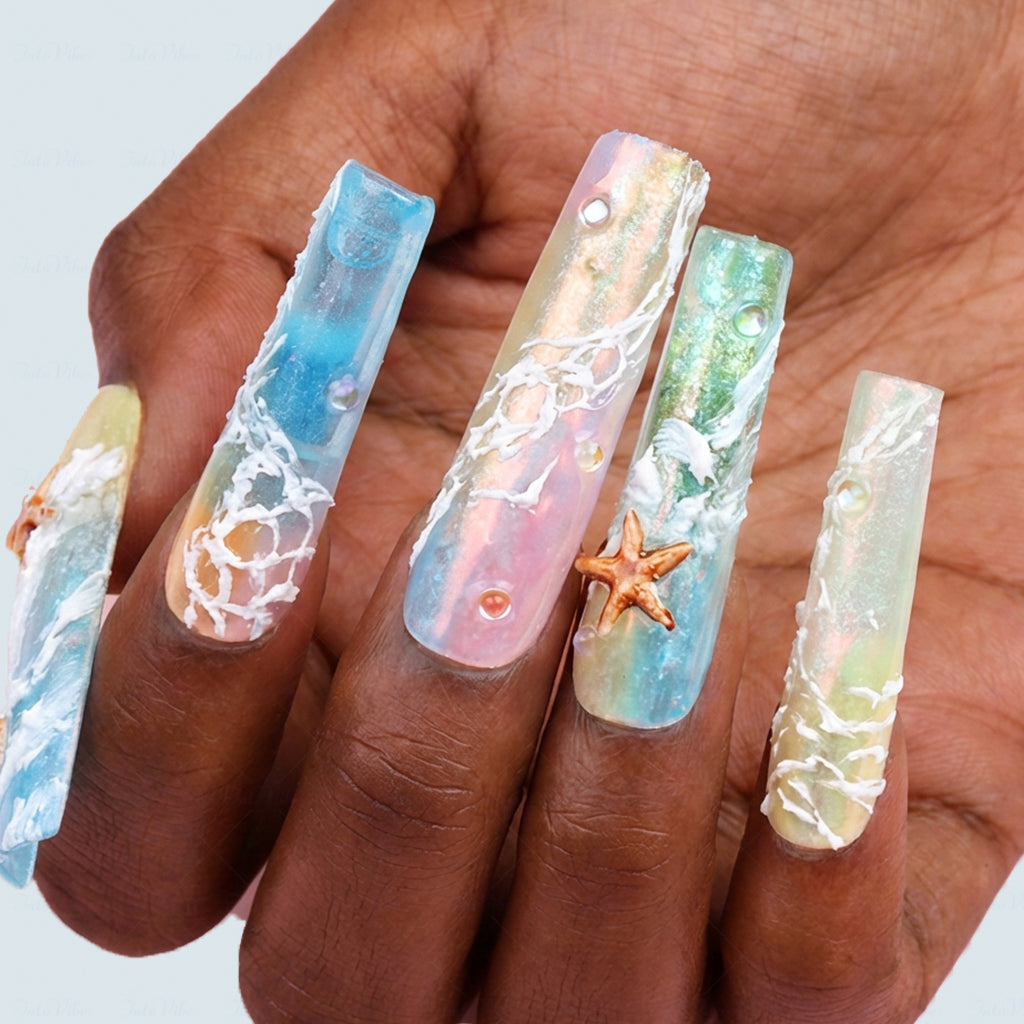 Beach Wave Pastel Rainbow Long Square Water Press-Ons with Hand-Painted Ocean & Starfish Accents