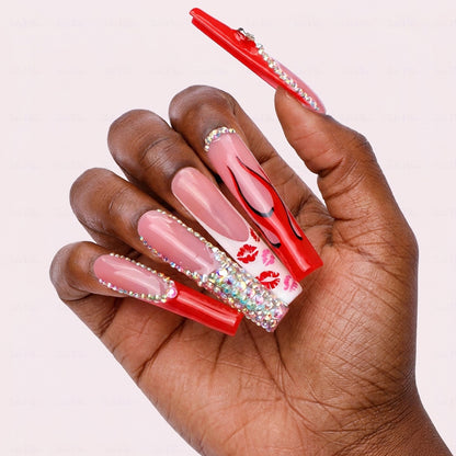 Lip Print French  Red & Nude Long Square Press-Ons with Lip Accents & Rhinestone Details
