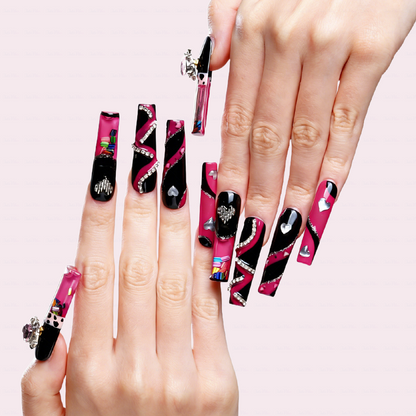 Neon Punk – Long Square Jelly Press-Ons with Heart & Crystal Accents