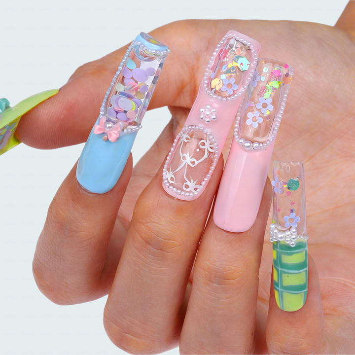 Pastel Quicksand  Multi-Color Long Square Water Press-Ons with 3D Bow & Sequin Accents