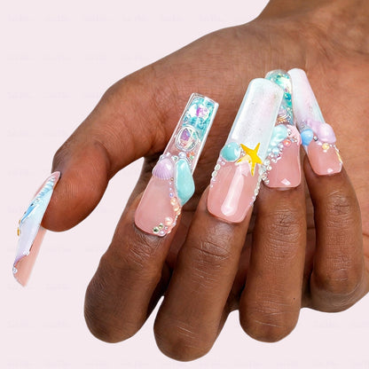 Mermaid Ocean Nude & Blue Long Square Water Press-Ons with 3D Octopus & Seashell Charms