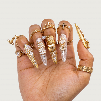 Made-to-Order | Champagne Regal Pearl – Gold & Ivory Glitter Long Stiletto Press-Ons with Pearl Gem Charms