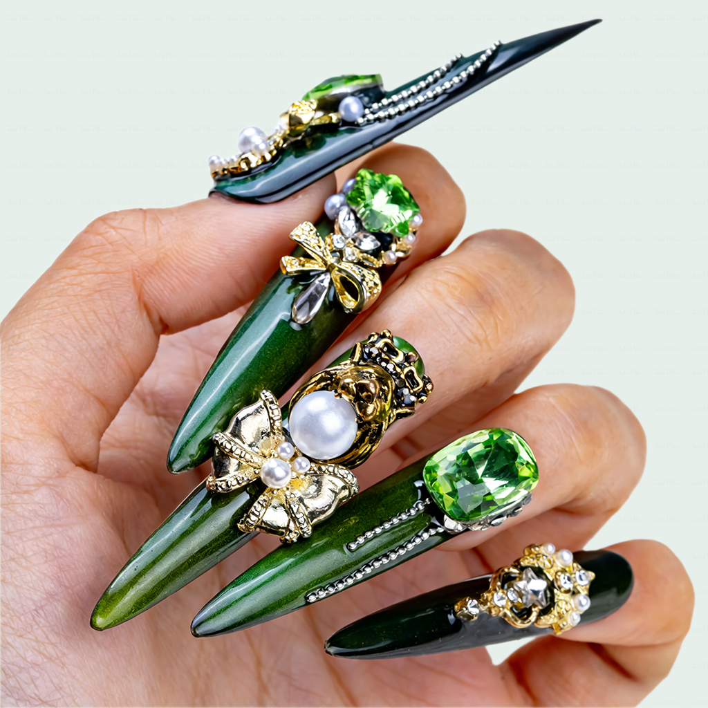 Emerald Royale – Deep Forest Green Long Stiletto Press-Ons with Emerald Gems, Gold Crown & Bow Charms