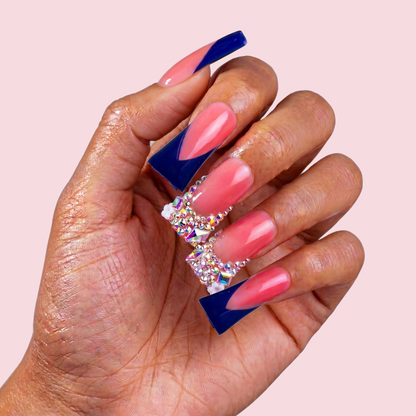 Royal V French  Nude & Navy Blue Long Duck Press-Ons with Iridescent Rhinestone Accents