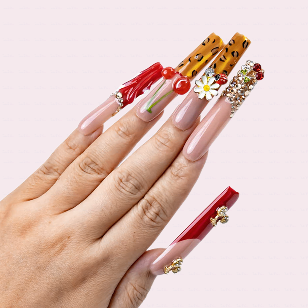 Cherry Leopard-Red & Nude Long Square Press-Ons with 3D Cherry & Leopard Print Accents