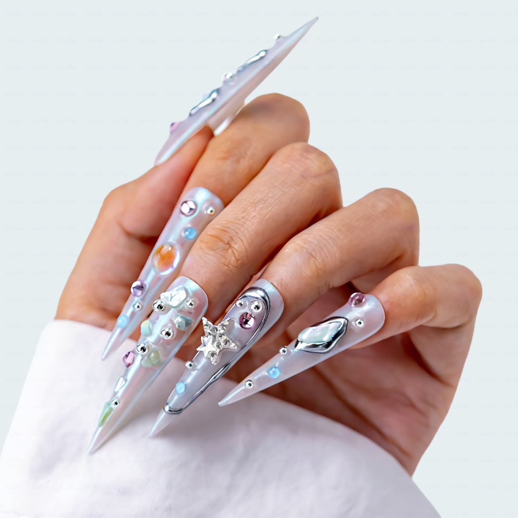 Aurora Crystal – Iridescent Mint Stiletto Press-Ons with Mixed Rhinestone Accents