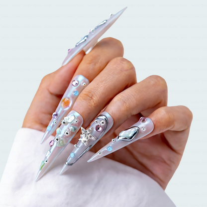 Aurora Crystal – Iridescent Mint Stiletto Press-Ons with Mixed Rhinestone Accents