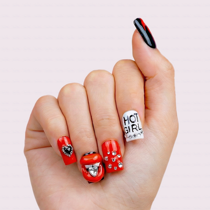 Rebel Pout - Rebel Red & Black Short Duck Press-Ons with 3D Lip & Rhinestone Charms